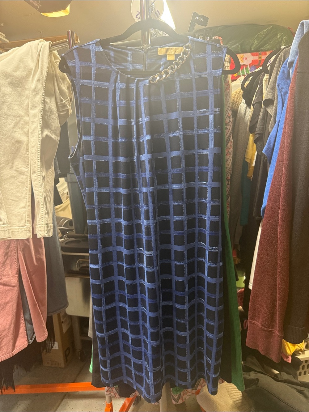 Michael Kors Navy & Royal Blue Windowpane Chain-Trim Sleeveless Dress